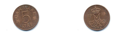 ДАНИЯ 5 ЭРЕ 1979 B; B, МАРГРЕТЕ II (1972-) KM 859.2 железо плакированное медью 4379-759