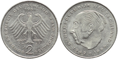 ФРГ 2 марки 1981 J, Теодор Хойс KM 127, J. 407 медно-никель плакированный никелем 85-1124