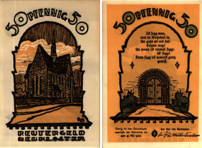 НОЙКЛОСТЕР 50 ПФЕННИГОВ 1922 НОТГЕЛЬД, 31 МАЯ 1922, ЗЕМЛЯ МЕКЛЕНБУРГ ПЕРЕДНЯЯ ПОМЕРАНИЯ Grabowski 951.1 бумага 6318-33-2-2