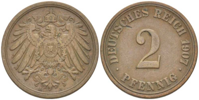 ГЕРМАНИЯ 2 ПФЕННИГА 1907 A KM 16, J. 11, Weege 4 медь 212-326