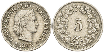 ШВЕЙЦАРИЯ 5 РАППЕНОВ 1946 В KM 26 медно-никель 4525-846
