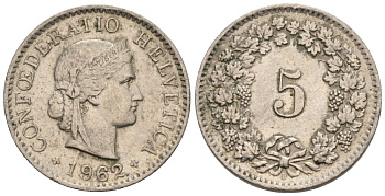 Швейцария 5 раппенов 1962 В KM 26 медно-никель 4576-931