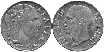 ИТАЛИЯ 20 ЧЕНТЕЗИМО 1940 R, ВИКТОР ИМАНУИЛ, XXII ГОД, МАГНИТНАЯ KM 75b нержавеющая сталь 85-614