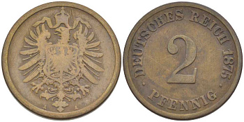 ГЕРМАНИЯ 2 ПФЕННИГА 1875 A, СТАРОГЕРБОВКА KM 2, J. 2, Weege 3 медь 212-526