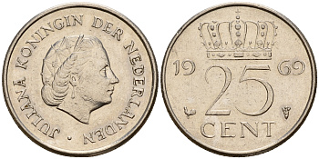 Нидерланды 25 центов 1969 Юлиана (1949-1980) HAAN KM 183 никель    4598-436