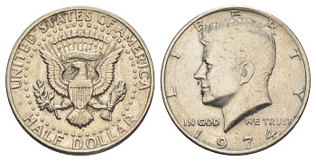 США 1/2 доллара (50 центов) 1974 Джон Кеннеди KM 202b медь плакированная медно-никелем aUNC 4536-513