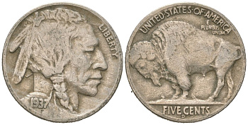 США 5 центов 1937 D, индеец, бизон KM 134 медно-никель 4602-1122