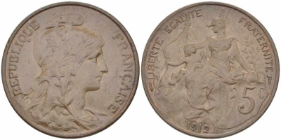 ФРАНЦИЯ 5 САНТИМОВ 1912 ТИП ДАНИЭЛЬ ДЮПЮИ KM 842, LE FRANC 119.24 бронза 108-936