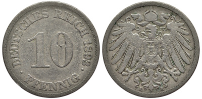 ГЕРМАНИЯ 10 ПФЕННИГОВ 1893 E KM 12, Jager 13, Weege 8 медно-никель 4382-1042