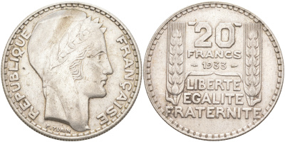 Франция 20 франков 1933 Пьер Тюрен KM 879, Le Franc 400.3 серебро 443-733
