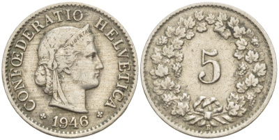 ШВЕЙЦАРИЯ 5 РАППЕНОВ 1946 В KM 26 медно-никель 4525-846