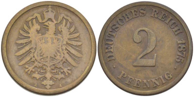 ГЕРМАНИЯ 2 ПФЕННИГА 1875 A, СТАРОГЕРБОВКА KM 2, J. 2, Weege 3 медь 212-526