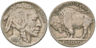 США 5 центов 1937 D, индеец, бизон KM 134 медно-никель 4602-1122