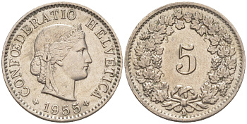 Швейцария 5 раппенов 1955 В KM 26 медно-никель 4547-722