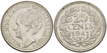 Нидерланды 25 центов 1941 Вильгельмина (1890-1948) KM 164 серебро aUNC 66-1142