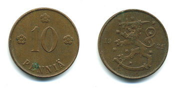 Финляндия 10 пенни 1921 республика (1918-1962) KM 24 медь 29-255