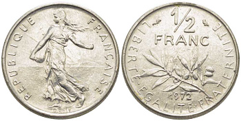 Франция 1/2 франка 1972 сеятель KM 931.1, LE FRANC 198.11 никель 175-943