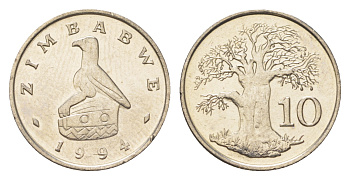 Зимбабве 10 центов 1994 птица-идол, баобаб KM 3 медно-никель UNC M65-13