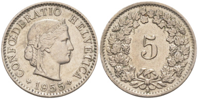 Швейцария 5 раппенов 1955 В KM 26 медно-никель 4547-722