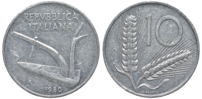 Италия 10 лир 1980 R, колосья KM 93 алюминий 4543-437