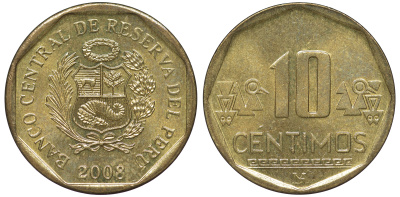 Перу 10 сентимо 2008 KM 305.4 латунь aUNC 4605-546