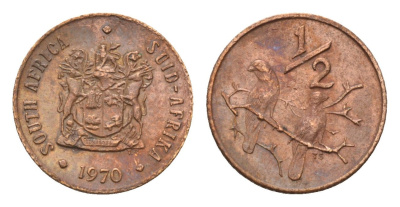 ЮАР 1/2 цента 1970 два капских воробья на ветке KM 81 бронза 187-336