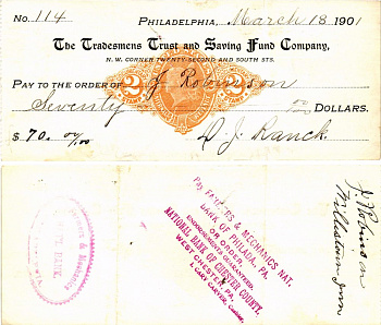 США чек на 70 долларов 1901 Филадельфия бумага 6287-28-3-1