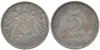 ГЕРМАНИЯ 5 ПФЕННИГОВ 1922 E KM 19, J. 297, Weege 5 железо 206-731