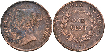 Стрейтс-Сетлментс 1 цент 1845 Виктория (1837-1901), Ост-Индская компания KM 3 медь 4590-115