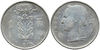 БЕЛЬГИЯ 1 ФРАНК 1952 BELGIQUE KM 142.1 медно-никель 4391-341