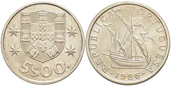 ПОРТУГАЛИЯ 5 ЭСКУДО 1986 ПАРУСНИК KM 591 медно-никель 213-256