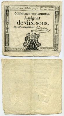 Франция 10 су 1792 женщины свободы Pick A64a бумага 450-109-6