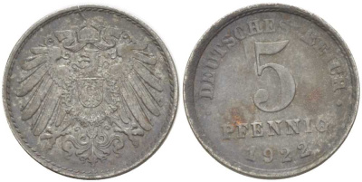 ГЕРМАНИЯ 5 ПФЕННИГОВ 1922 E KM 19, J. 297, Weege 5 железо 206-731