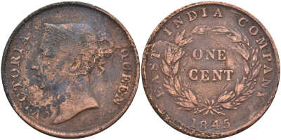 Стрейтс-Сетлментс 1 цент 1845 Виктория (1837-1901), Ост-Индская компания KM 3 медь 4590-115