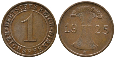 ГЕРМАНИЯ 1 РЕЙХСПФЕННИГ 1925 E KM 37, J. 313 бронза 39-925
