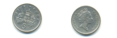 Великобритания 5 пенсов 1990 Елизавета II (1952-2022) KM 937b, Spink 4372 (D4) медно-никель 59-546