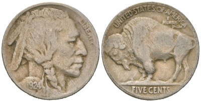 США 5 центов 1924 индеец, бизон KM 134 медно-никель 4614-1061