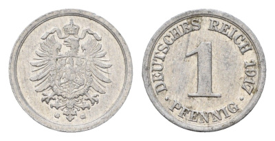 Германия 1 пфенниг 1917 G, Вильгельм II (1888-1918) KM 24, J. 300 алюминий 4630-1028