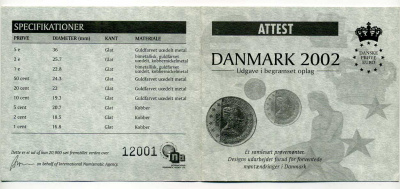 Дания евронабор из 8 монет 2002 в оригинальной коробке, с сертификатом, PROBA, пробники    PROOF  5-4-6-12