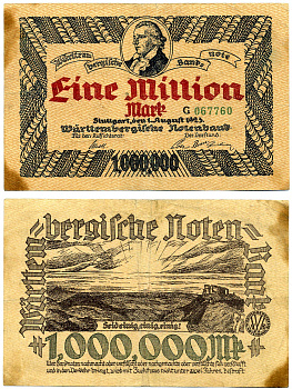 Штутгарт 1000000 марок (1 миллион) 1923 1 августа 1923, нотгельд, Wurtembergische Notenbanc, серия G067760, красивый номер, радар, земля Баден-Вюртемберг Keller 4930d  бумага   2194-2-2-2