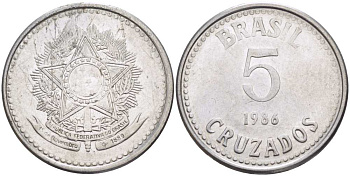 Бразилия 5 крузадо 1986 реформа (1986-1989) KM 606 нержавеющая сталь 24-424