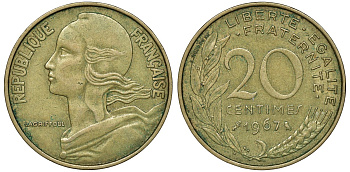 ФРАНЦИЯ 20 САНТИМОВ 1967 KM 930 медь алюминий никель 72-1416