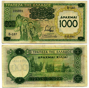 ГРЕЦИЯ 1000 ДРАХМ 1939 ВРЕМЕННЫЙ ВЫПУСК, НАДПЕЧАТКА 1000 ДРАХМ НА KM 108 Pick 111 бумага 00-00