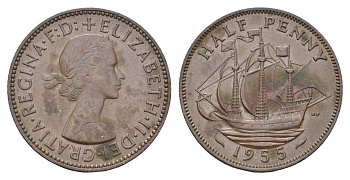 Великобритания 1/2 пенни 1955 Елизавета II (1952-2022) KM 896, Spink 4158 бронза    4660-634