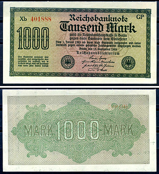 Германия 1000 марок 1922 выпуск 15 сентября 1922, водяной знак J, зеленая бумага, серия GP, буква Xb Pick 76 g (3) бумага 6279-33-3-2