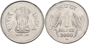 Индия 1 рупия 2000 H, монетный двор Хайдерабад, звезда KM 92.2 нержавеющая сталь UNC 4556-1146