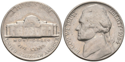 США 5 центов 1964 D, Джефферсон KM А192 медно-никель 92-1123