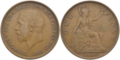 Великобритания 1 пенни 1930 Георг V (1910-1936) KM 838, Spink 4055 бронза 115-241