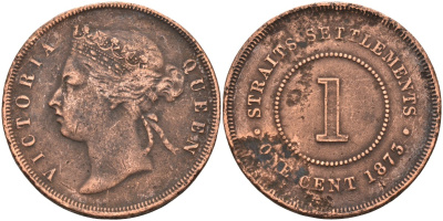Стрейтс-Сетлментс 1 цент 1873 Виктория (1837-1901), Ост-Индская компания KM 9 медь 4590-316