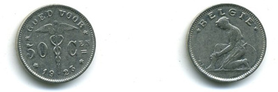 БЕЛЬГИЯ 50 САНТИМОВ 1923 BELGIE KM 88 никель 41-715